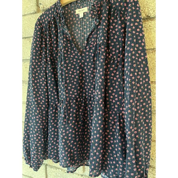 Womens On 34th Long Sleeve Floral Print Blouse Navy Pink Lightweight Ruffle Deta - Picture 2 of 8